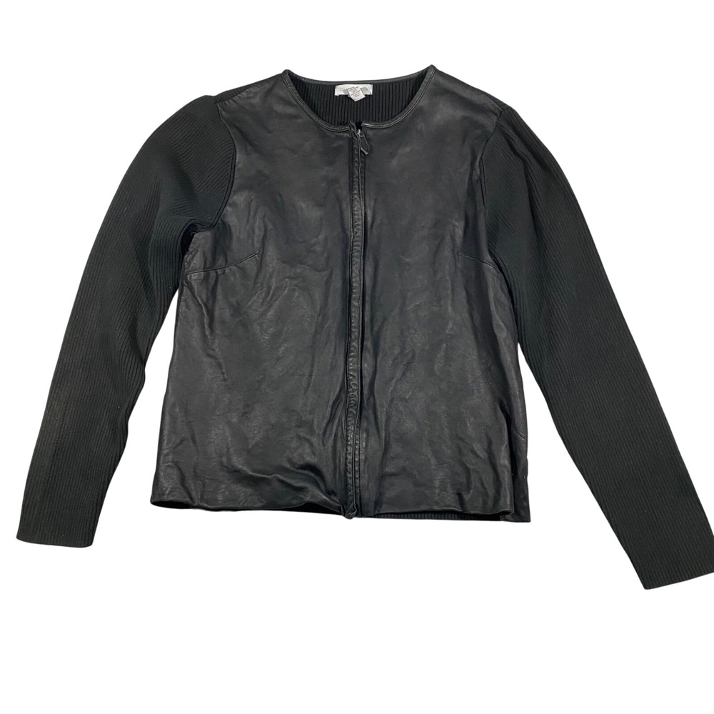 Charter Club Mixed Media Jacket Women Medium Black Leather Ribbed Knit Zip Front